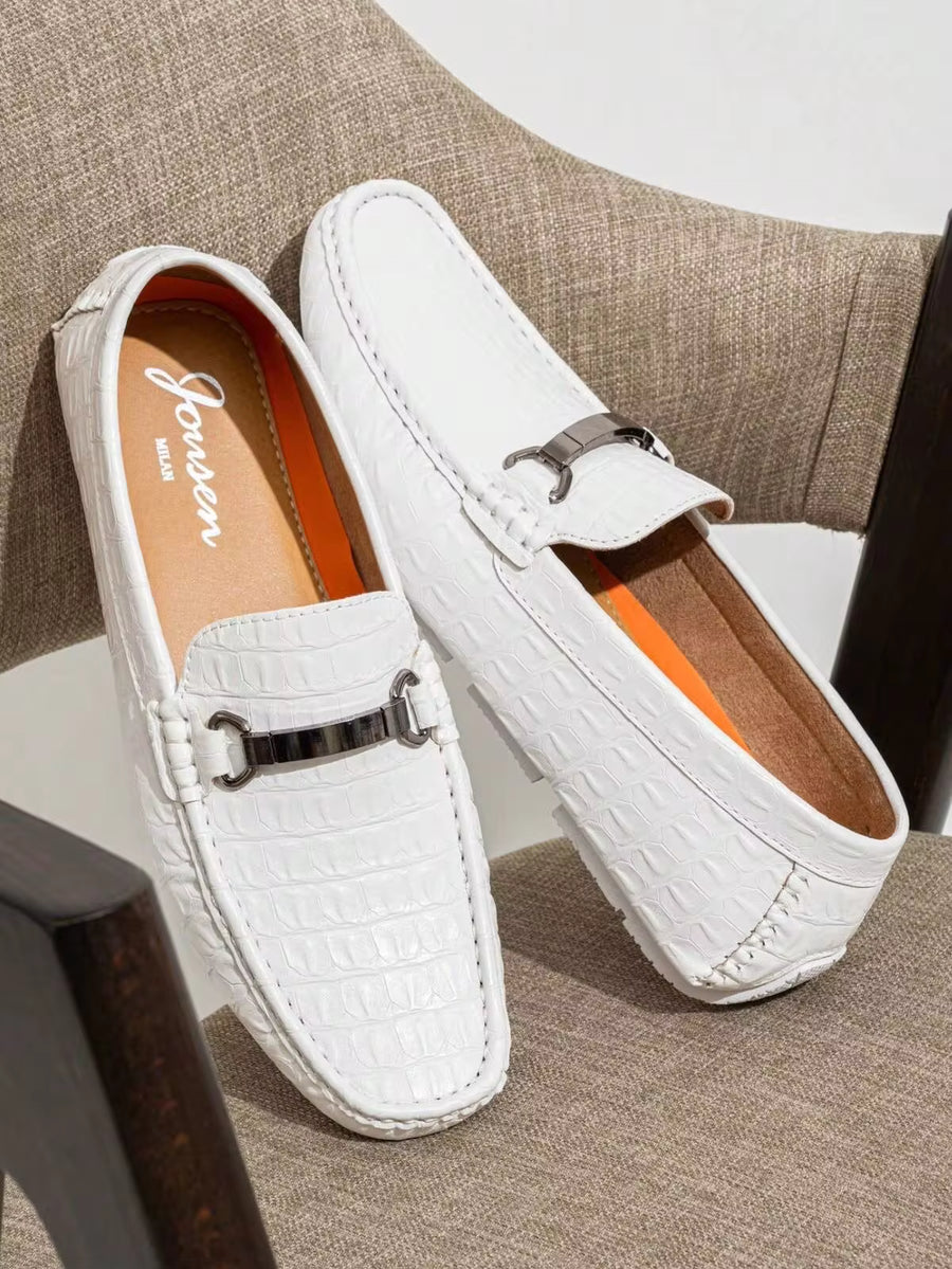 SHOESMALL Men's Metal Decor White Casual Loafers Crocodile Printed Slip On Shoes  Penny Leisure Round Toe Flat Shoes For Outdoor Manfinity Unisex