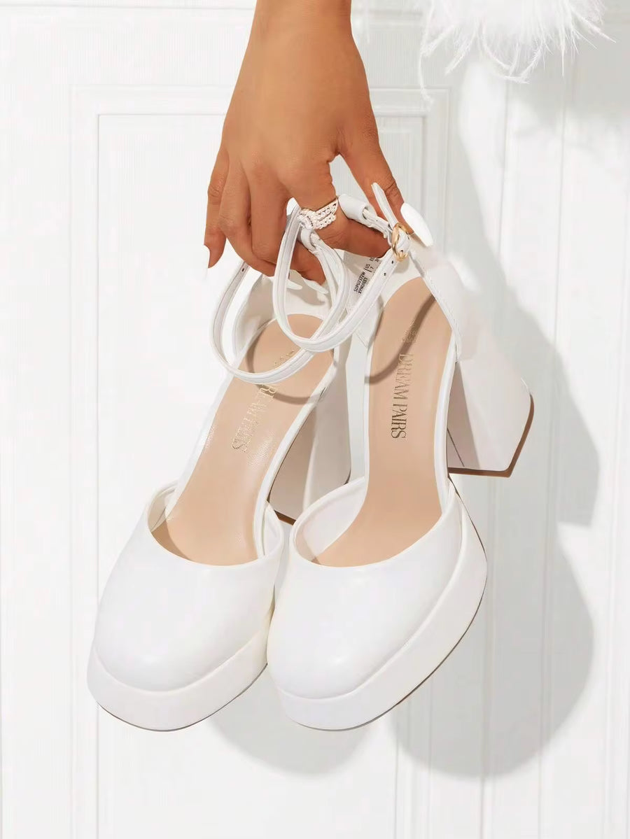 Women Chunky Platform High Heels Closed Toe Block Ankle Strap Dress Prom Wedding Party Pumps Shoes