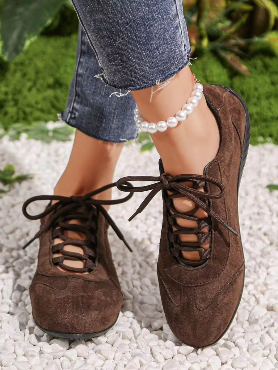 Women's Retro Casual Orthopedic Shoes, New Soft Bottom Sneakers, Women's Flat Solid Color Commuting Sports Hollow Drawstring Outdoor Shoes, Spring/Autumn