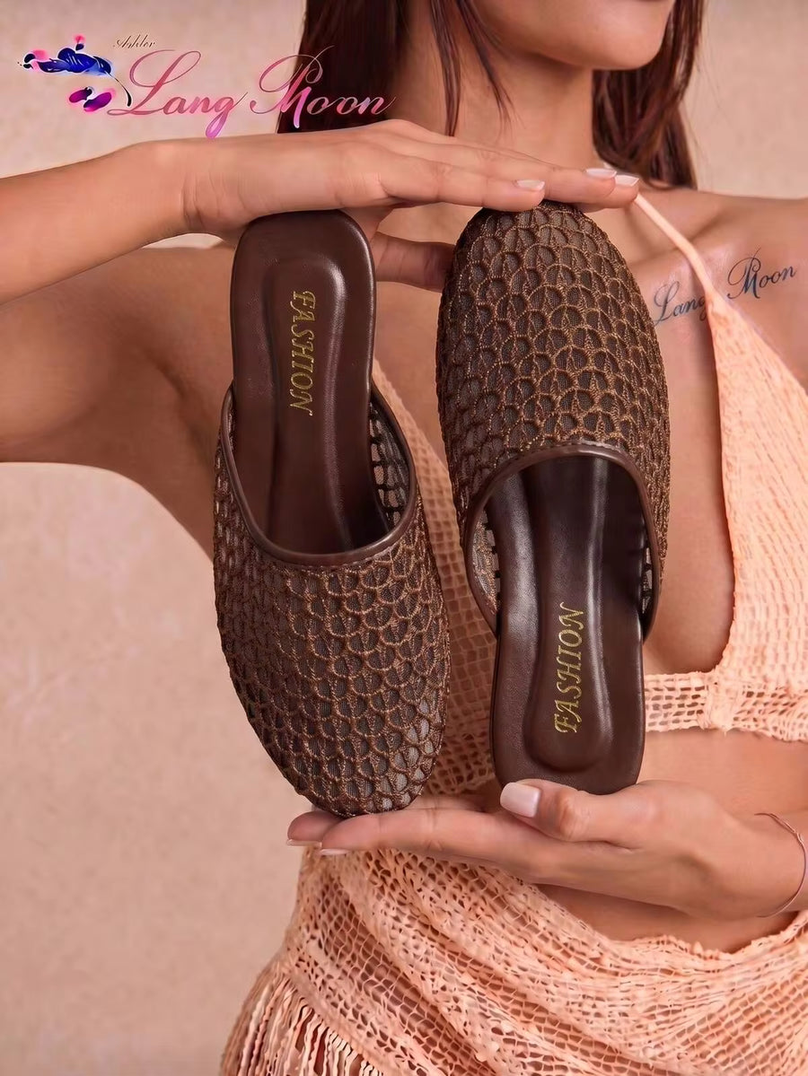 LangMoon Brown Mesh Hollow Out Mules, Breathable Flat Comfortable Slippers, Non-Slip Casual Shoes For Commute Vacation, Versatile Spring And Summer