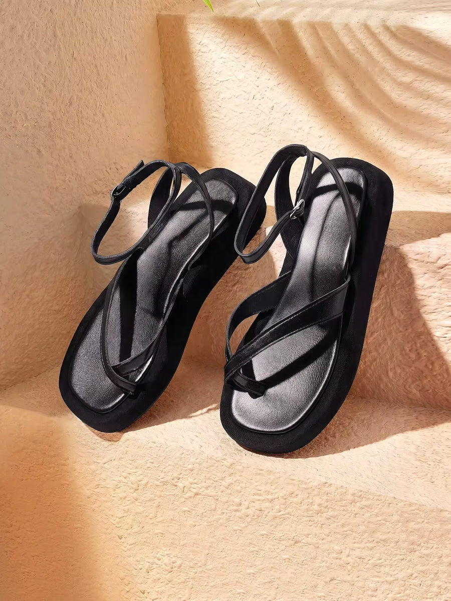 HighSole Ladies Black Comfortable Platform Sandals Simple Cross Strap Design Round Toe Platform Low Heel Fashion Casual Style Suede Hemming Black Sandals Outdoor Leisure Travel Vacation